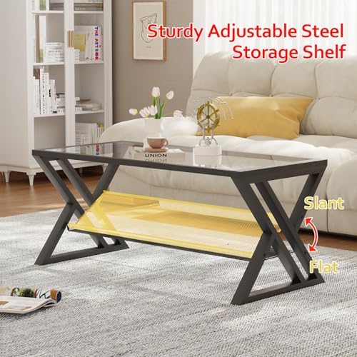 Wolawu Glass Coffee Table Black Table Living Room Table with Storage Shelf