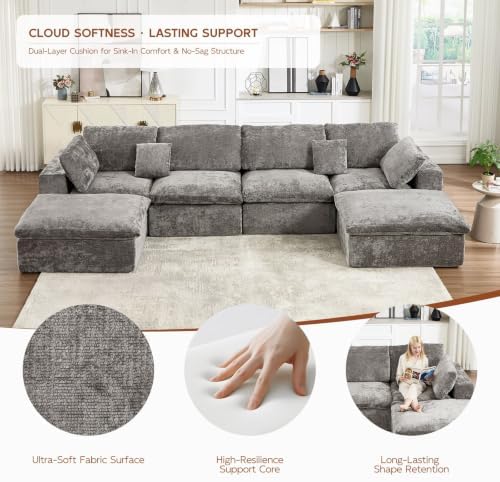 117.5" Oversized Boneless Sleeper Couch,Deep Seat Modular Sectional Sofa Bed,Boneless Couch Sleeper Sofa,Cloud Couch for Living Room,No Assembly,Chenille Light Grey