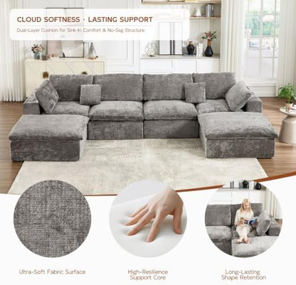 117.5" Oversized Boneless Sleeper Couch,Deep Seat Modular Sectional Sofa Bed,Boneless Couch Sleeper Sofa,Cloud Couch for Living Room,No Assembly,Chenille Light Grey