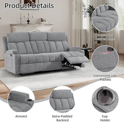 CANMOV Manual Recliner Sofa Set, Fabric Recliner Living Room Furniture Sets, 1 Seat Reclining Chair, a Loveseat, a 3 Seater Sofa Furniture Set with Side Pockets and Cup Holders, Light Grey