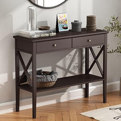ChooChoo Oxford Console Table with 2 Drawers, Sofa Table Narrow for Entryway, Espresso