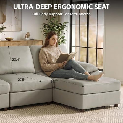 139.2''Oversized V Shaped Faux Leather Modular Sectional Couch, Greige