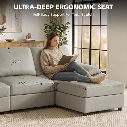 147.9'' U Shaped Modular Sectional Couch, Oversized Faux Leather Sectional Sofa for Pet-Friendly, Deep Seat Sofas with 2 Movable Ottoman, Modern Comfy Cloud 6 Seater Sofa for Living Room, Greige