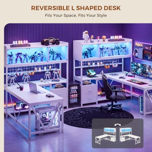 L Shaped Gaming Desk with Drawers, Corner Computer Desk with LED Tempered Glass Display Cabinet, Shaped L Office Desk with Charging Station and Fabric Drawer, PC Desk for Gaming and Office, White