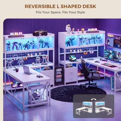 L Shaped Gaming Desk with Drawers, Corner Computer Desk with LED Tempered Glass Display Cabinet, Shaped L Office Desk with Charging Station and Fabric Drawer, PC Desk for Gaming and Office, White