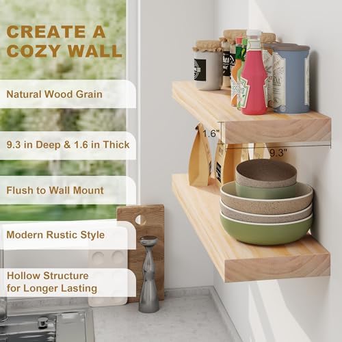 Floating Shelves, 9.3'' Deep Solid Pine Wood Wall Shelves for Storage, Wall Mounted Display Shelf with Invisible Heavy-Duty Metal Bracket, 36'' Width Set of 2, Unfinished - DIY Stain
