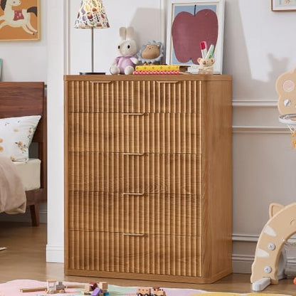 LEYAOYAO Fluted 6 Drawers Dresser for Bedroom, 42" Tall Modern Chest of Drawers with Metal Handle,Curved Profile Design,Wood Drawer Organizer for Bedroom, Living Room, Hallway, Brown