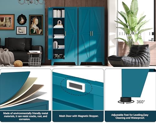 71" H Blue Metal Pantry Cabinet with Doors,Freestanding Kitchen Pantry Cabinet,Farmhouse Food Storage Cabinets,Tall and Large Pantry Cabinets for Kitchen, Dining Room, Living Room