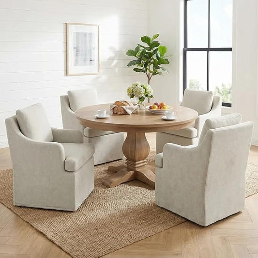 VKNOW Upholstered Dining Chairs Set of 4, Modern Kitchen Chairs Dinner Chairs with 4 Casters, Chenille Armchair for Bedroom Reading Room Living Room, Beige