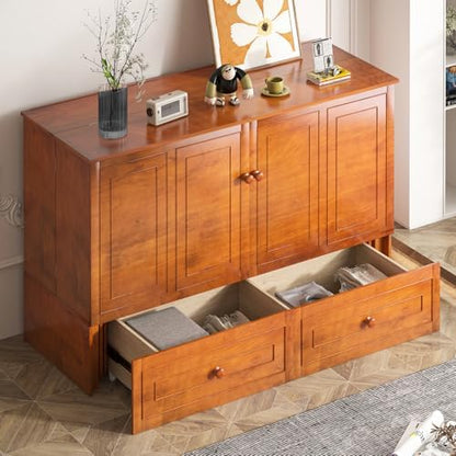 PUREMIND Queen Murphy Bed with Mattress, Hideaway Cabinet Beds with 2 Storage Drawers & Charging Station, Space-Saving Square Shape Murphy Bed Cabinet for Guest Rooms, Cherry
