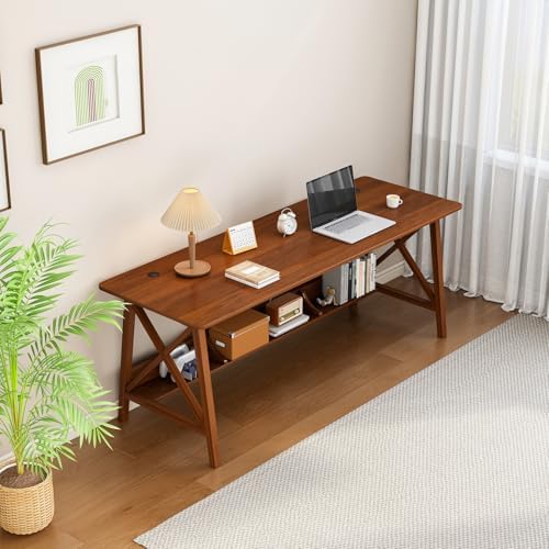 NELYE Extra Long Writing Desk with Bookshelf, 55" Wx20 Dx30 H, Walnut