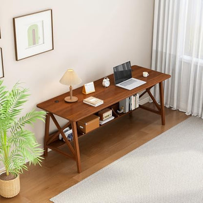 NELYE Extra Long Writing Desk with Bookshelf, 55" Wx20 Dx30 H, Walnut