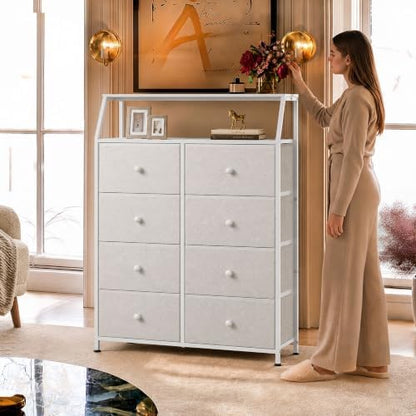 WLIVE Boucle 8 Drawer Fabric Dresser for Bedroom, Open Shelf, Cream White