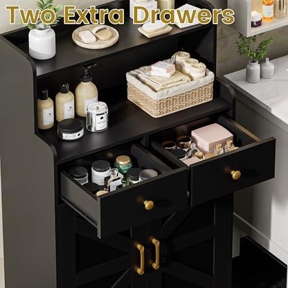 Farmhouse Bathroom Storage Cabinet with 2 Drawers & 2 Doors, Kitchen Cabinet Cupboard with Adjustable Shelves, Floor Storage Cabinet for Kitchen/Living Room/Bedroom, Black
