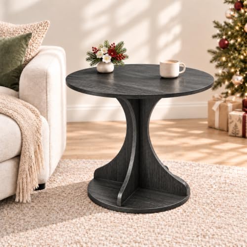24in Large Round Side Table, Modern Minimalist Accent End Table with Curved Tripod Base, Compact Round Sofa Side Table, Easy Assembly Coffee Table for Living Room Bedroom Balcony-Gray Oak