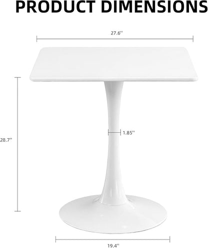 Square Dining Table, 27.6" Tulip Table with Thickened Tabletop & Metal Pedestal, Mid Century Modern Bistro Table for Kitchen, Small Places, Living Room, Cafe (White)