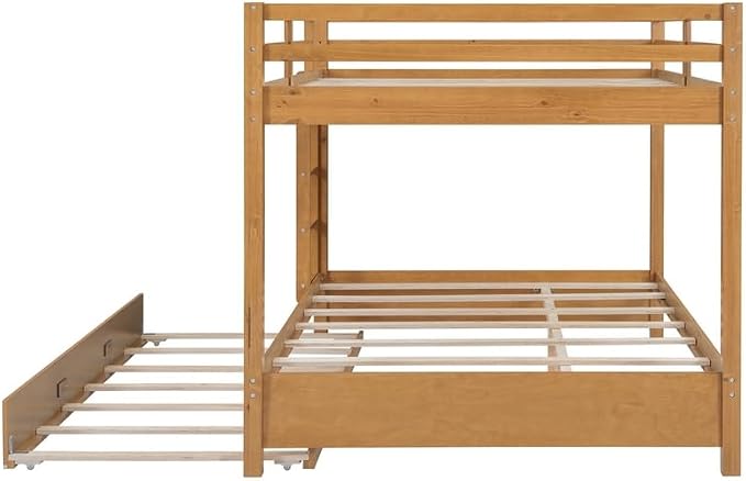 Merax Queen Size Bed with Trundle - Space-Saving Solid Wood Frame, Built-in Safety Rails and Ladderm, Wood