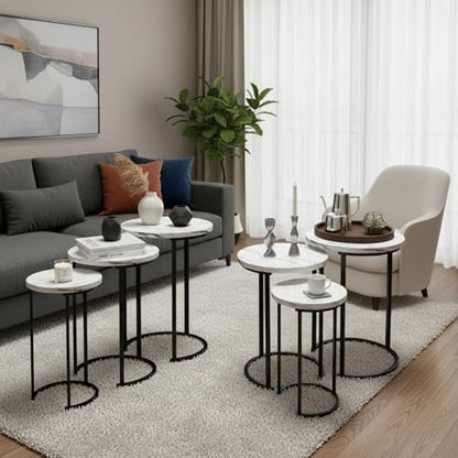 Lavish Home Round Nesting Tables Set of 6, Faux Marble Tabletop, White