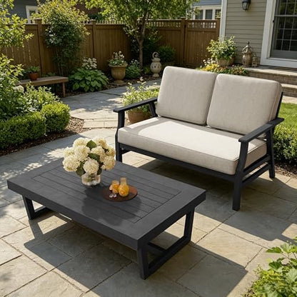 Pia Ricoo Outdoor Premium Teak Wood Loveseat with Armrests & Table, All‑Weather Outdoor Furniture for Backyard, Deck, Lawn, Light Camel/Dark
