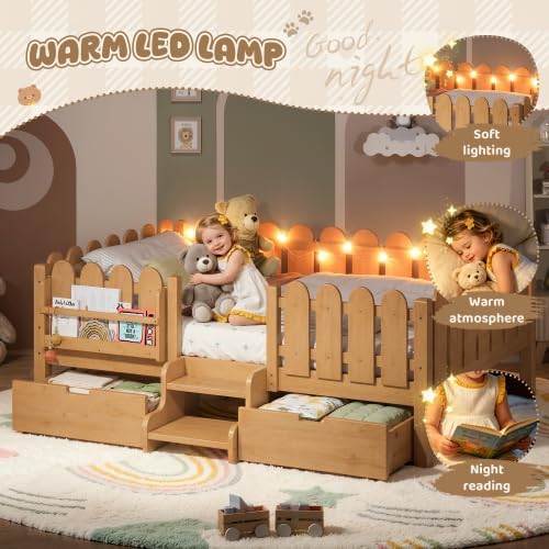 Bellemave Full Size Platform Bed with Storage Drawers & Bookshelf for Boys Girls, Kids Full Bed Frame with LED Lights & Stairs for Children's Room, Natural