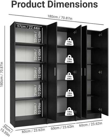 Madesa Wardrobe Armoire Closet Pantry Storage Cabinet with 6 Doors and 15 Utility Shelves 71" L Wooden Organization Unit for Bedroom, Office, Laundry Room, Kitchen, and Garage (Black)