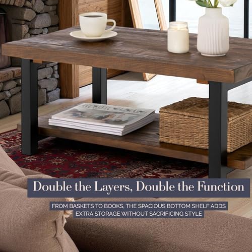 Alaterre Pomona 42 Inch Coffee Table with Storage Shelf, Rustic Natural