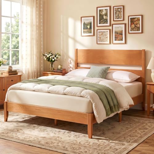 GIANTEX Full Size Wooden Bed Frame with Slatted Headboard (Warm Brown)