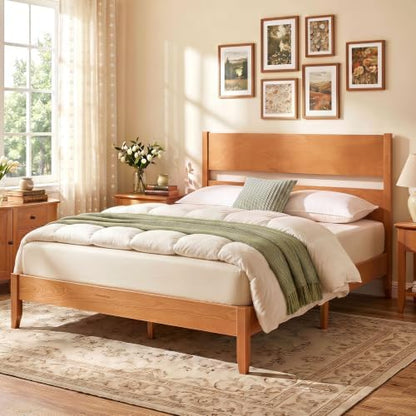 GIANTEX Full Size Wooden Bed Frame with Slatted Headboard (Warm Brown)