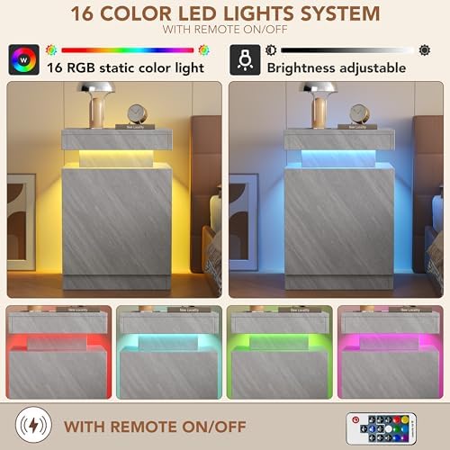 Nightstands Set 2, 17 Inches Modern Bedside Table with LED Lights, LED Night Stand Set of 2, High Gloss Surface, End Table with Storage for Bedroom, Grey