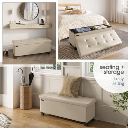 Storage Ottoman Bench with Bins, 43-in Storage Bench for Bedroom End of Bed, Folding Foot Rest Ottoman for Living Room Max 660lbs, Leather Ottomans, Beige