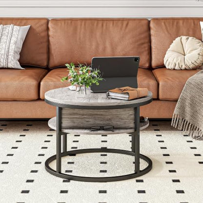 HOJINLINERO Round Coffee Table with Storage,Lift Top Coffee Table for Living Room Reception Room,2 Tier Small Round Table Dining Center,Grey