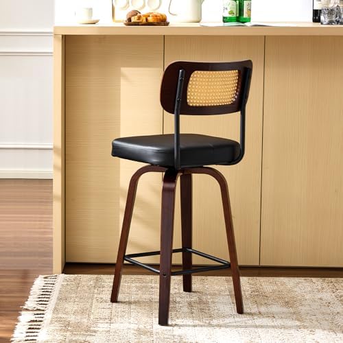 VINGLI Modern Bar Stool 26" H, PU Leather with Rattan Back, 360° Swivel, Solid Wood Legs Barstools for Kitchen Island & Home Bar, Black 1 Pack