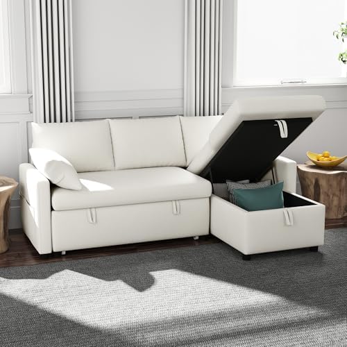 Sofa Bed, 80'' L-Shaped Chenille Sleeper Sofa, Beige