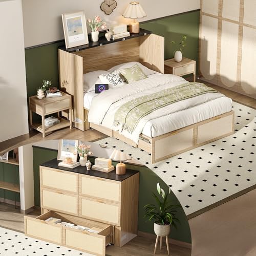 VINGLI Full Size Rattan Murphy Bed with Storage Drawer,2 Charging Station, Boho,Hideaway Paltform Panel Bed for Small Spaces,Guest Room,Office,Apartment, Space-Saving Cabinet Bed,Oak White