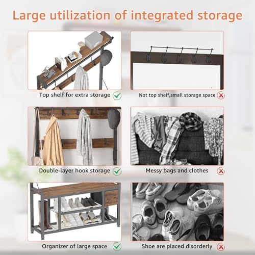 39" Hall Tree with Storage Coat Rack freestanding Entryway Furniture Bench, 5 in 1 Design Front Door Shoe Rack and Wall Rack Hooks, and 4 Drawers (Rustic Brown)