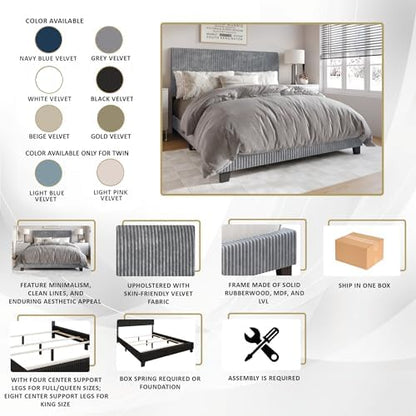 King Corduroy Velvet Upholstered Bed, Beige