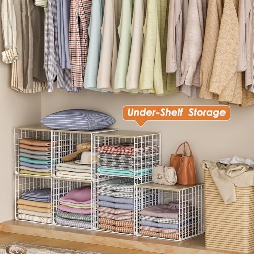 5PCS Stackable Closet Organizers and Storage, Closet Shelves with Wood Top Extra Storage, Clothes Storage Organizer Basket Bin/Cube for Home Wardrobe Organization(White-Sturdy Metal)