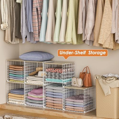 5PCS Stackable Closet Organizers and Storage, Closet Shelves with Wood Top Extra Storage, Clothes Storage Organizer Basket Bin/Cube for Home Wardrobe Organization(White-Sturdy Metal)