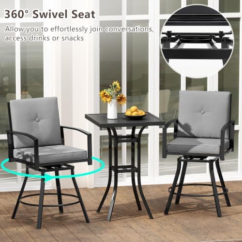 Tangkula 3 Pieces Patio Swivel Bar Set, Outdoor Metal Bar Table and Chairs Set with Soft Cushions and 1.57” Umbrella Hole, Counter Height Patio Bistro Set with Armrests for Lawn, Garden (Gray)