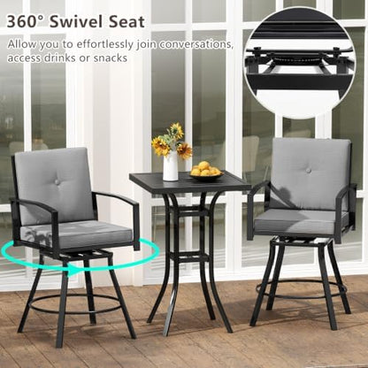 Tangkula 3 Pieces Patio Swivel Bar Set, Outdoor Metal Bar Table and Chairs Set with Soft Cushions and 1.57” Umbrella Hole, Counter Height Patio Bistro Set with Armrests for Lawn, Garden (Gray)