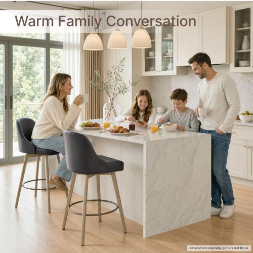 Counter Height Bar Stools Set of 4, Modern Swivel Barstools with Back and Wood Legs, Faux Leather Upholstered Bar Chairs, 26" Seat Height Counter Stools for Kitchen Island,Black