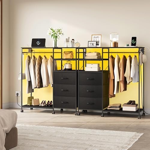 WLIVE LED Dresser for Bedroom, 3 Drawers with Hanging Rack, Black