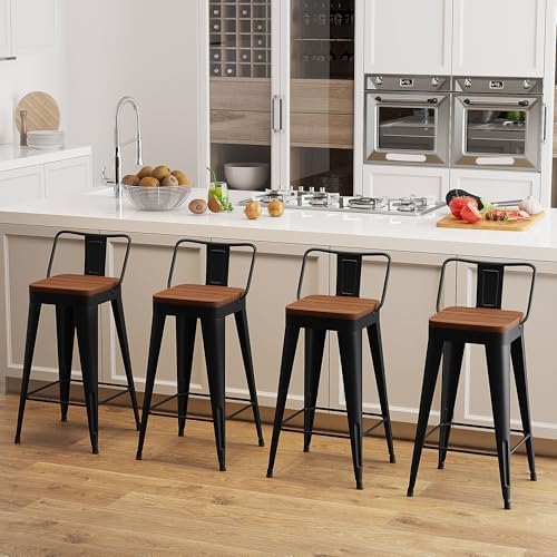 Bar Stools Set of 4 Metal Bar Stool Counter Height Bar Stools 26" Black Modern Bar Chairs with Back and Wooden Seat Bar Stool Counter Height