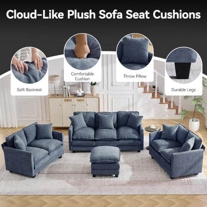 72'' Cloud 3 Seater Couch with 2 Ottomans, U Shaped Sofa with 3 Throw Pillows, Modern Sectional Couches with Deep Seat, Modular Sofas for Living Room, Bedroom, Small Apartment, Blue