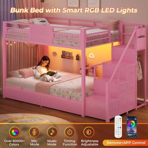 Bunk Bed Twin Over Twin with Stairs, Storage Drawers and LED Lights