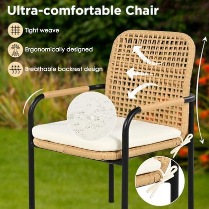 Outdoor Dining Set 7-Piece, Patio Furniture Set w Plastic-Wood Table Top with Umbrella Hole, Rattan Dining Set for Backyard, Garden, Beige Cushions (Beige)