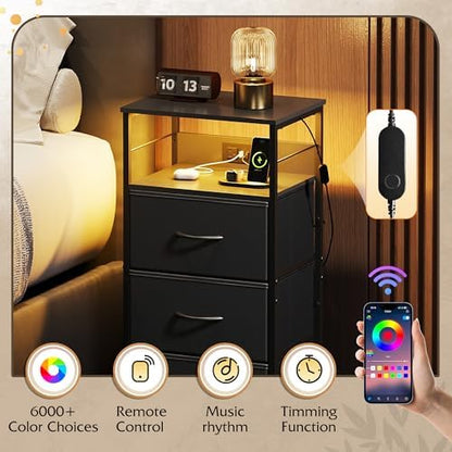 WLIVE Night Stand with Charging Station, Black LED 3 Drawers Bedside Table