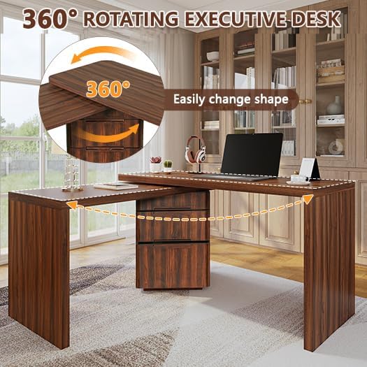 90” Modern L-Shaped Desk with 3 Drawers, 360° Wood Rotating Desk, Workstation for Home Office, Living Room, Walnut