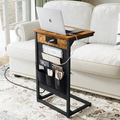 C-Shaped End Table with Fast-Charging Station, Small Couch Side Table with Storage Bag, Sofa TV Tray Table for Living Room, Bedroom, Bedside ET-BR-W1