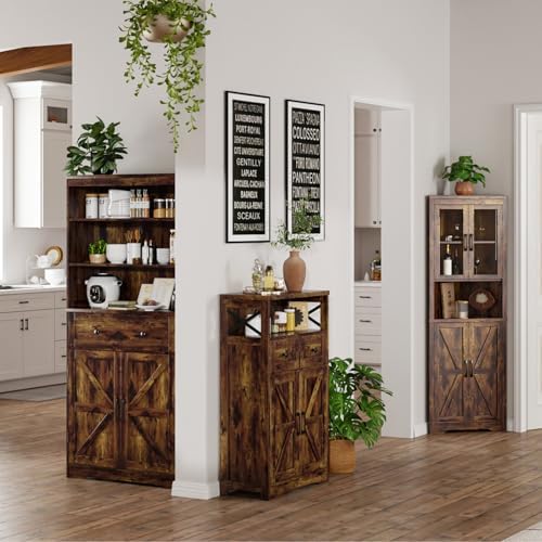 Brown Farmhouse Storage Cabinet with Doors and Drawers, Small Pantry Hutch
